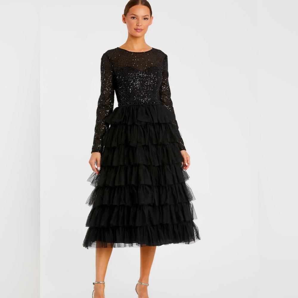 Mac Duggal Black Sequin Tiered Long Sleeve Dress